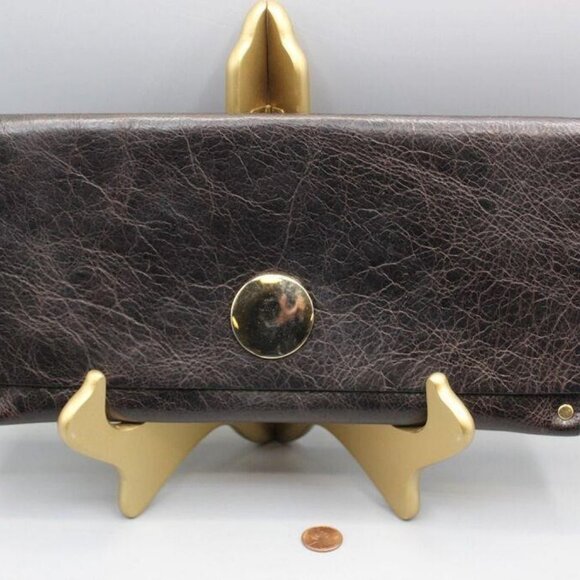 Moss Mills Espresso Leather Envelope Studded Clutch 14k gold plated hardware - Picture 1 of 8
